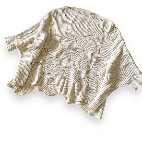 Y2k Slouchy Off Shoulder Chenille Sweater Sz S/M Cream Scallop Hem Dolman Sleeve - Picture 9 of 12